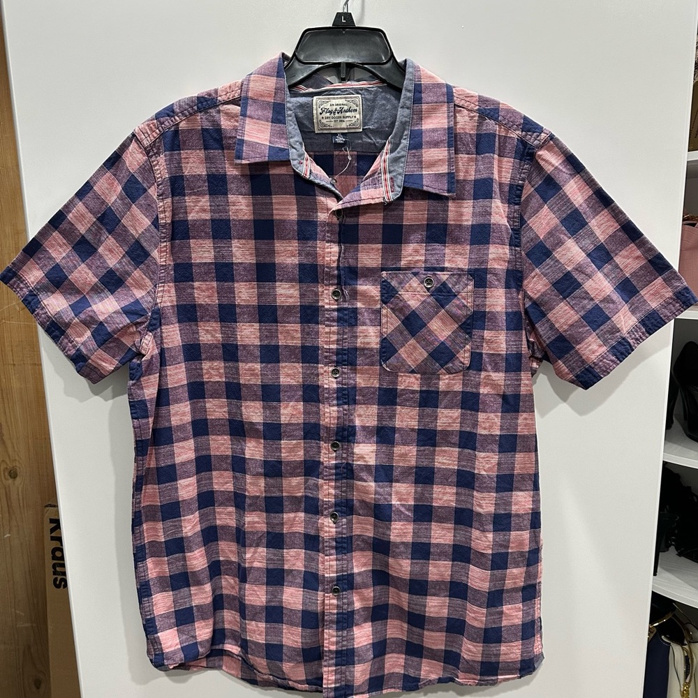 NWOT Flag & Anthem Men’s XL Tall Plaid Button Down Shirt Faded Wash Red Blue
